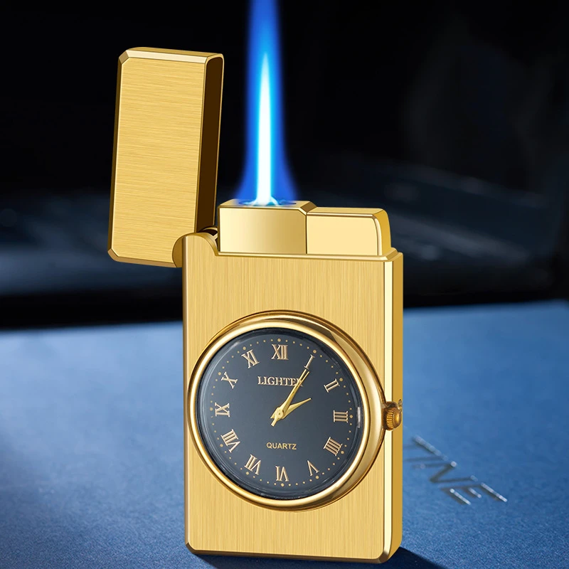 New Loud Clock Inflatable Windproof Straight Blue Flame Watch Lighter Metal Turbo Flashlight Lighter Unusual Lighter Men\'s Gift