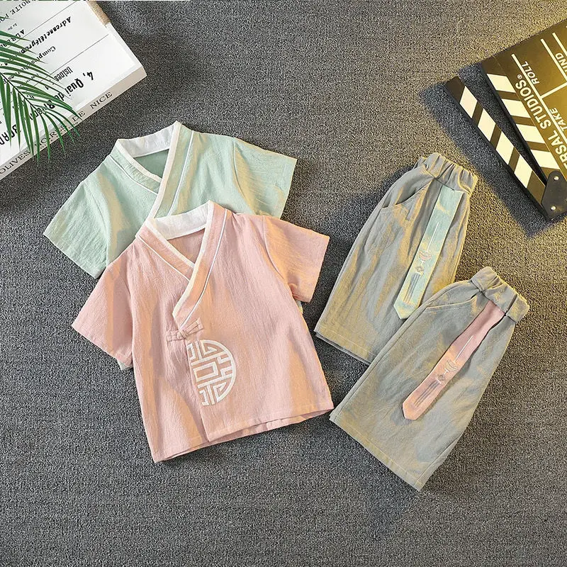 Hanfu Children's Clothes Suit Summer Thin Tops And Shorts Suits Chinese Style Boys Tang Suit Cotton Linen Clothes Suits