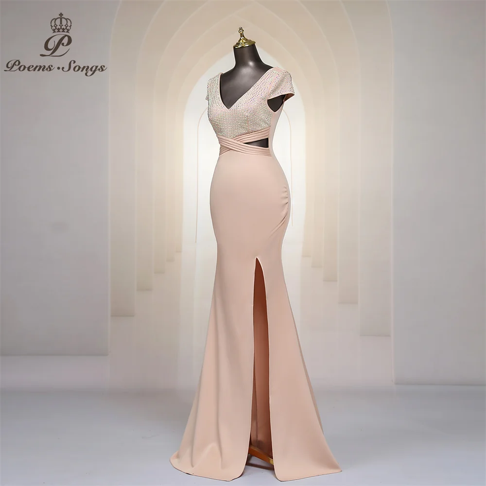 Luxury Heavily Beaded Evening Dress Mermaid Capped Sleeves Side Split V Neck Women Long Maxi Dresses Prom Party Gown Maxi dress