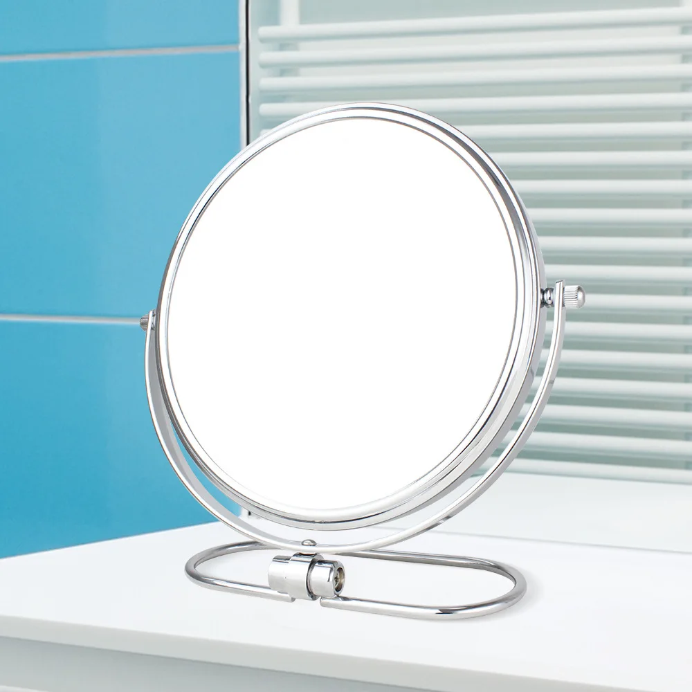 High Quality Metal Desktop Makeup Mirror 8 Inches 5X Magnifier Stainless Steel Stand Double Sided Mirror