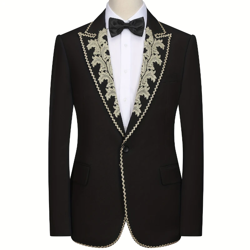 Men's Black Tuxedo With Golden Floral Applique Peak Lapels - Regular Fit H-Shoulder Single-Breasted Suit For