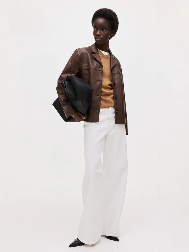 

Spring New Arrival Women's Coated Jaet H&M Simple Sle PU Leather Collar Design Youth And Middle-aged Suitable Regular Length