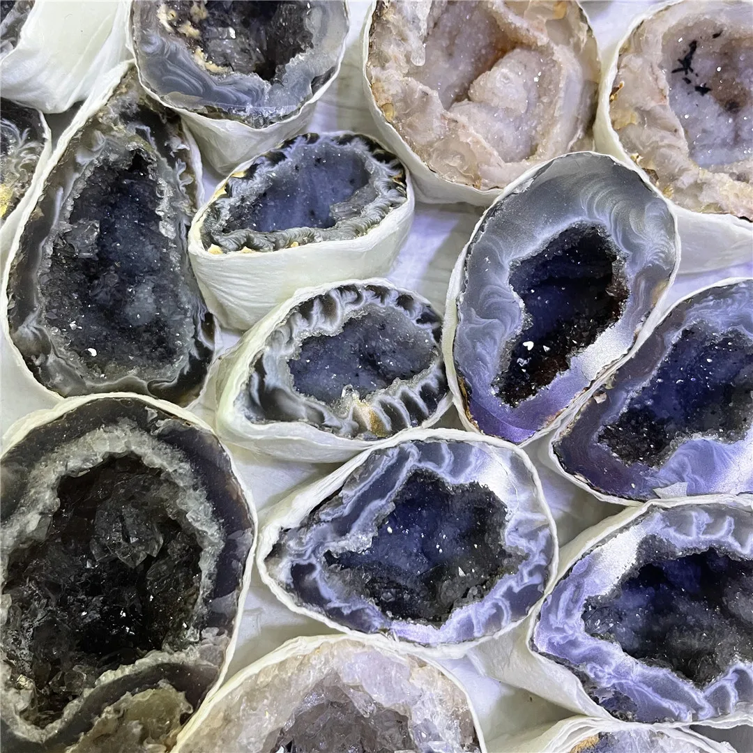 Original Rare Natural Pair Of Agate Crystal Drusy Hole Gift Box Set Dazzling Mineral Specimens Energy Rock Collectibles