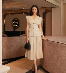 Customized Sparkle Jersey Pleat Button A-line V-neck Midi Dresses Prom  High Quality Classic Sizes Available Matching