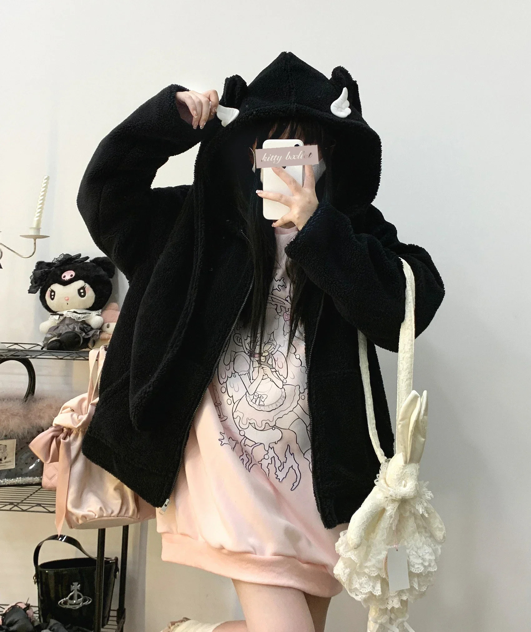 Autumn Winter Plush Rabbit Ear Hooded Furry Jacket Women Loose Embroidery Zipper Mine Woolen Jacket Student Kawaii Faux Fur Coat