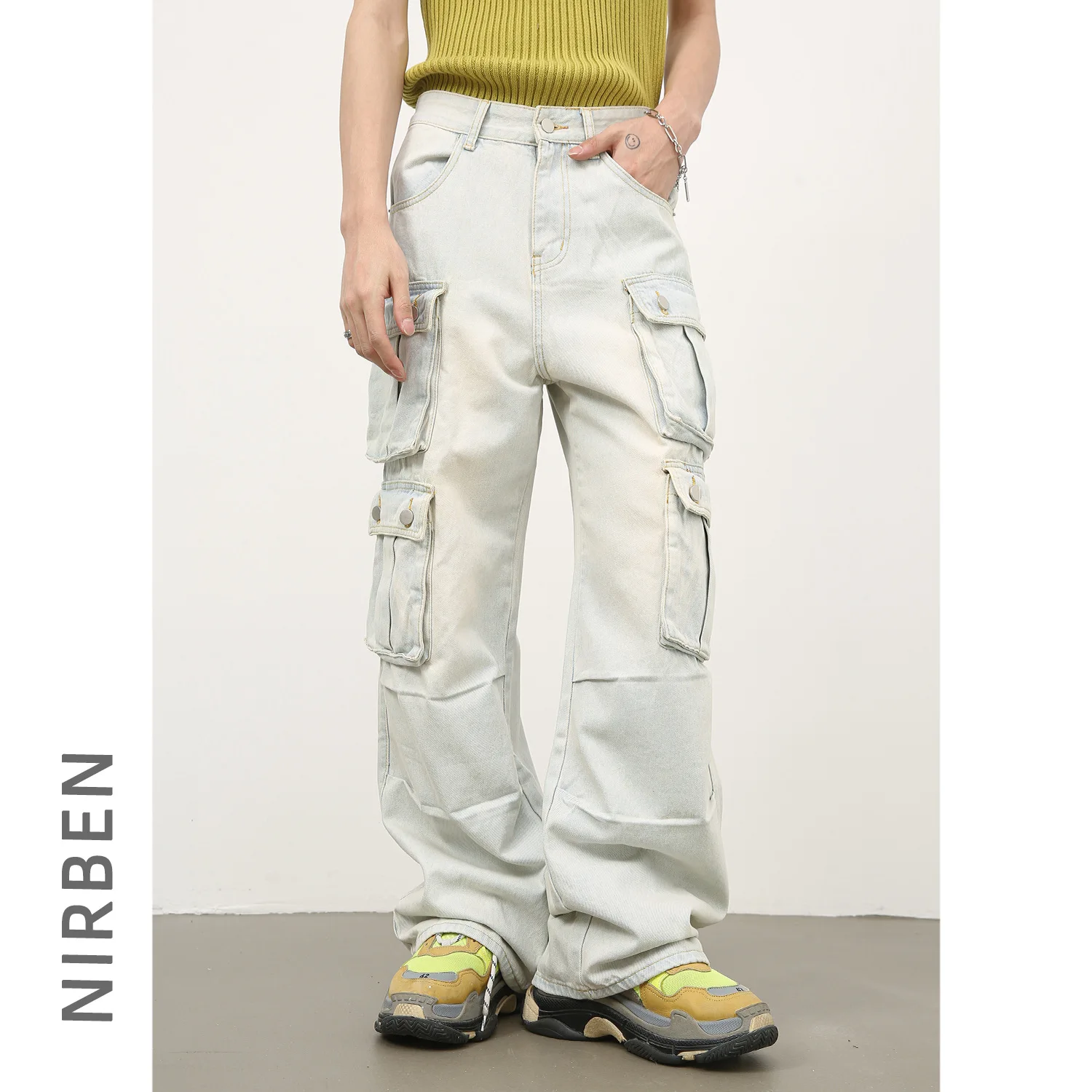 Denim American Multi-pocket Jeans Men's Retro Loose Straight Overalls Wide-leg Casual Trousers