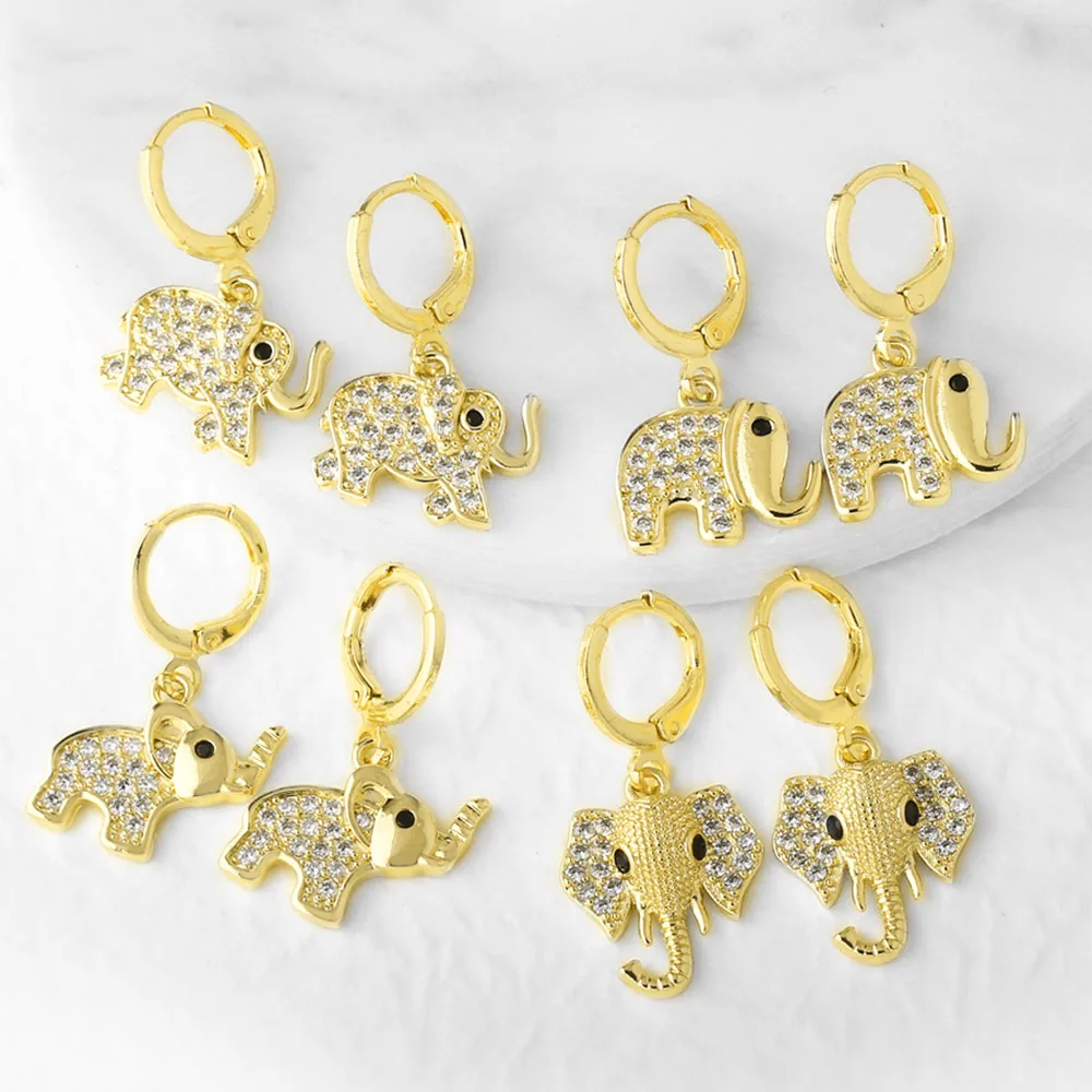 FLOLA Pendientes pequeños de elefante de cristal CZ para mujer, aros chapados en oro, pendientes colgantes, joyería de animales, regalos ersa058
