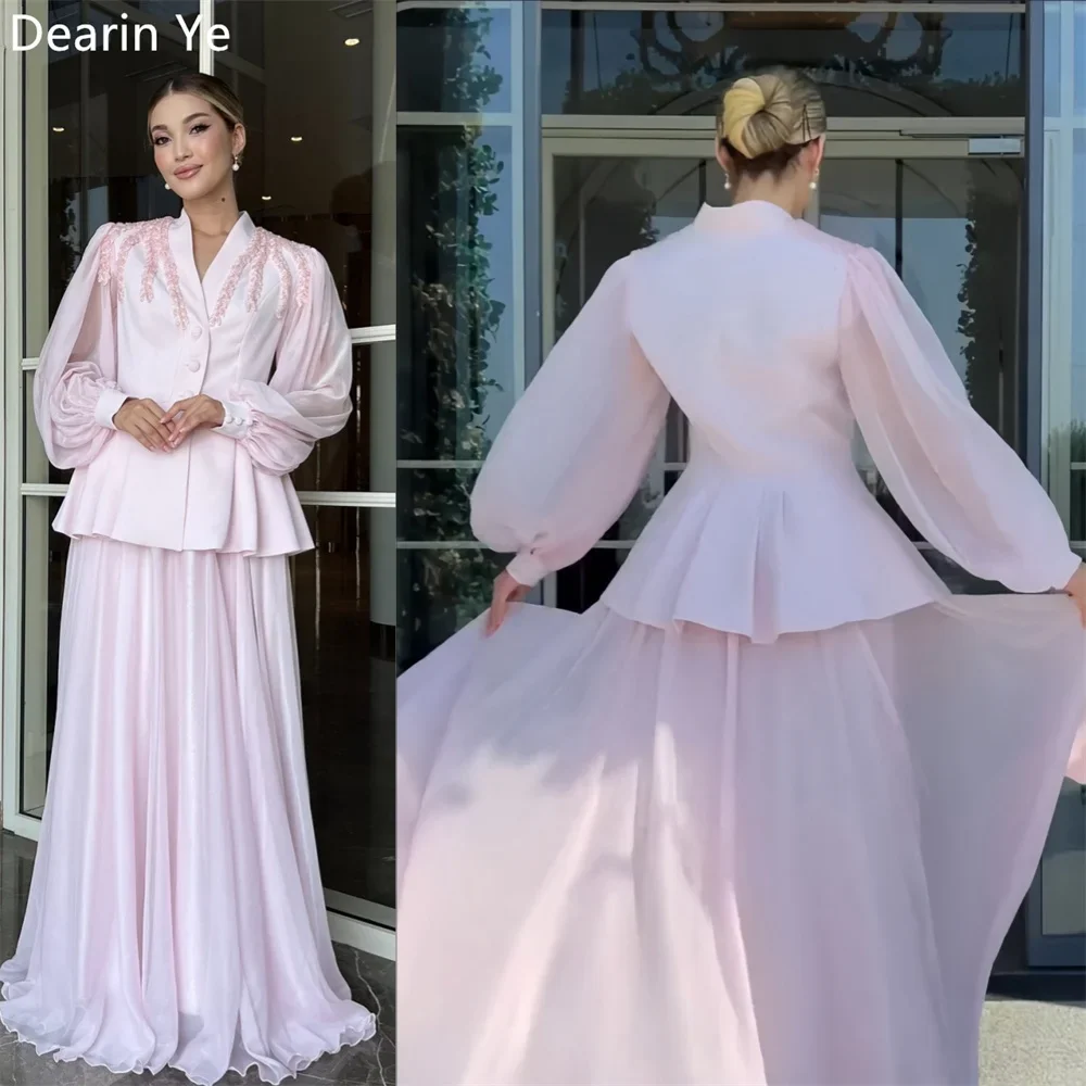 

Prom Gown Formal Dearin V-neck A-line Floor Length Skirts Draped Layered Tulle Applique Bespoke Occasion Dresses Saudi Arabia Ev