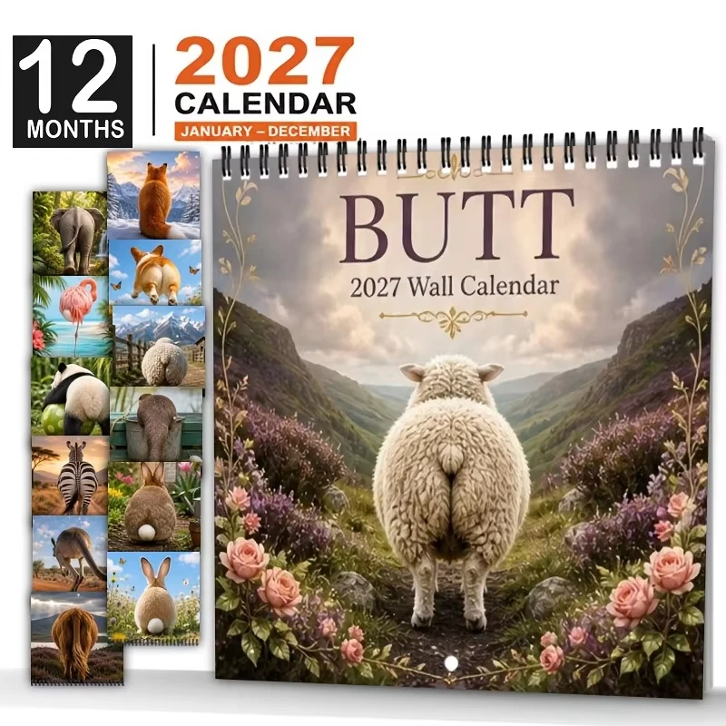 1pc 2027 Butt  Calendar 21X 21cm Square 12-Month Fun Animal Butt Calendar with Spiral Design Bold Font Area Home Ornament