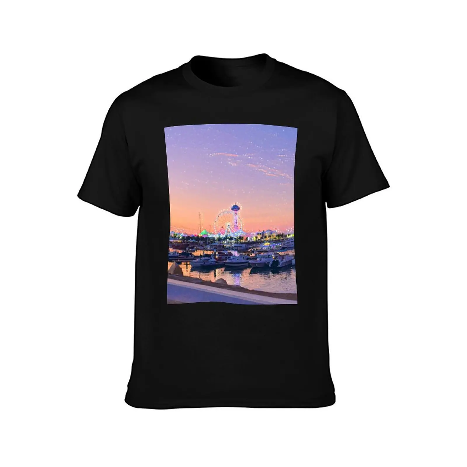 Ferris Wheel with Pastel Sunset Sea view T-Shirt Labor Work Casual T-Shirt