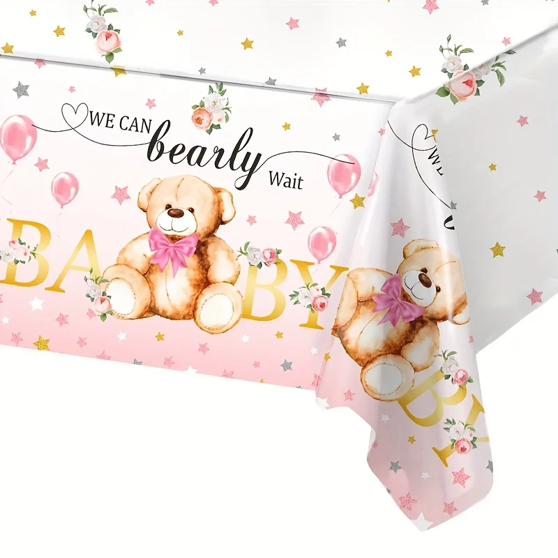 1pc, Pink Teddy Bear PE Tablecloth, 86.61 X 51.18inch, Gender Revealing Party Dining Table Decorations, Baby Shower Party Suppli