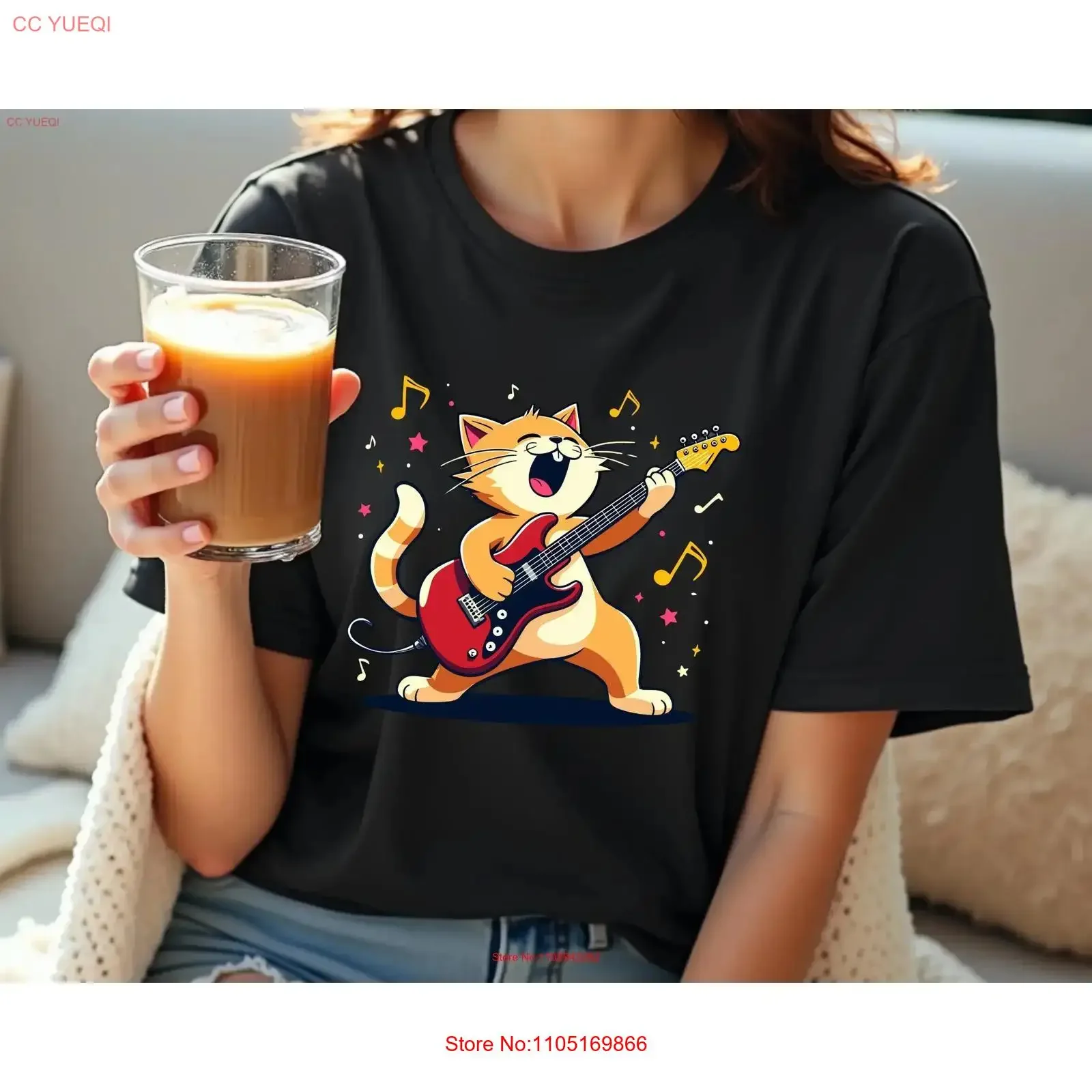 

Rock Cat Playing Guitar T Shirt Funny for Lovers Lover and Kids vintage Washed Top For Everyday Wear Slightly streetwear Casual