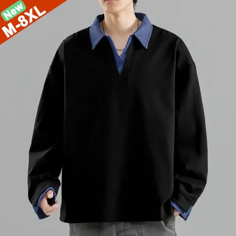 Polo di buona qualità Uomo Autunno Lungo Polo maschile Colletto a contrasto Nave libera Abbigliamento Uomo Plus Size 6XL 7XL 8XL Top Tees