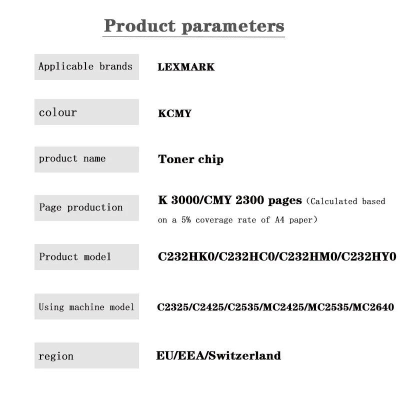 C2320K0 C2320C0 C2320M0 C2320Y0 C232HK0 C232HC0 C232HM0 C232HY0 Toner Cartridge Chip for LEXMARK C2325/C2425/C2535/MC2425/MC2535