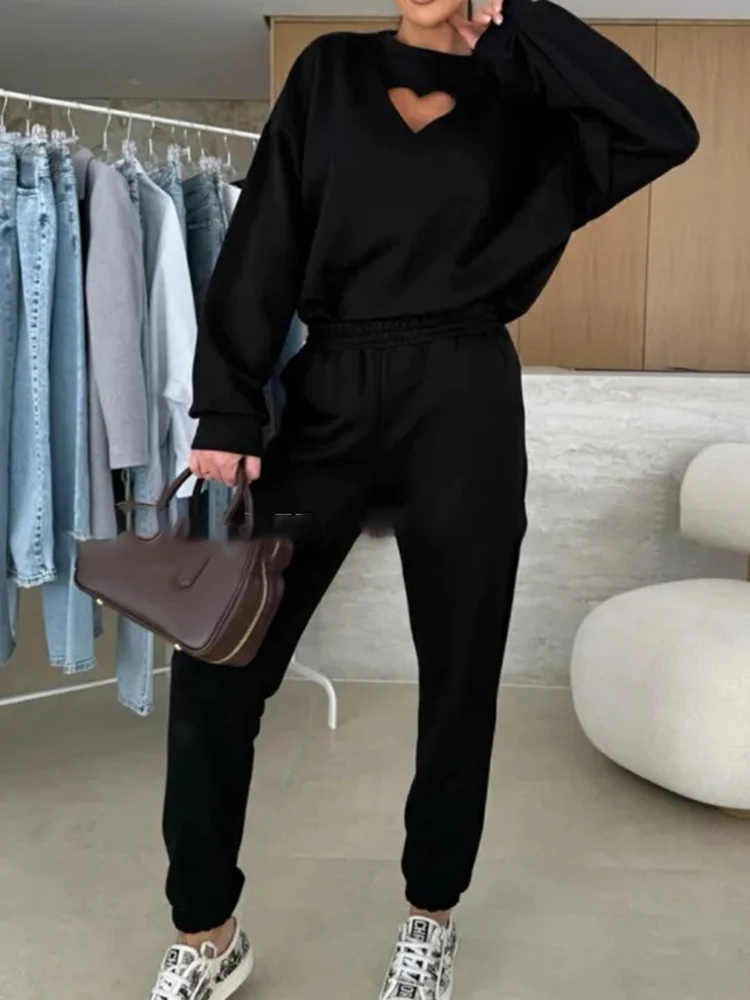 Feminino o pescoço manga comprida moletom e calças 2 peça conjunto simples casual outono terno esportivo novo 2025 solto roupa de fitness