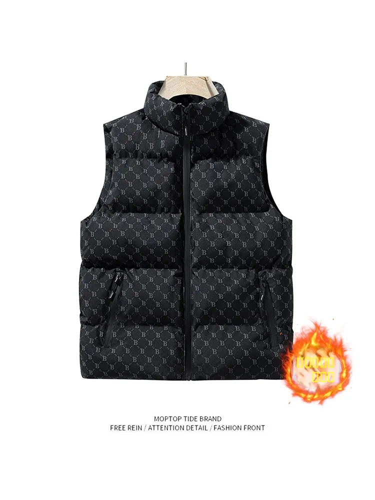 

Мужской осенне-зимний утепленный жилет с принтом, на хлопковой подкладке, с воротником-стойкой, молодежный повседневный модный верхний слой одежды