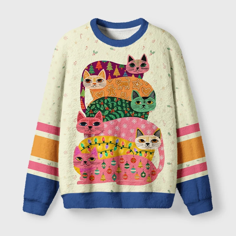 Vintage Color Stacked Cat Christmas Ugly 3D Sweater Thin Velvet Adult Boys and Girls Couple Family Round Neck Holiday Hoodie