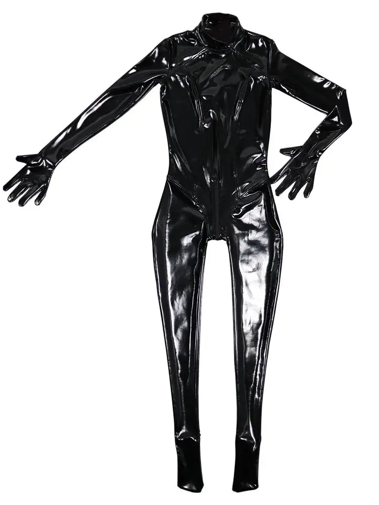 

S-5XL Shiny Faux PU Leather 3 Zipper Open Crotch Bodysuit Wet Look PVC Catsuit Finger Bodystocking Tights Sexy Leotard Conjoined