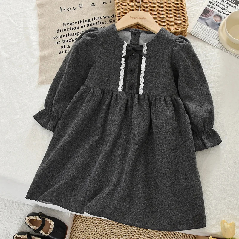

Autumn New Long Sleeve Dress Gray Wool Lace Bowknot Solid Color Loose Children's Dress Trendy