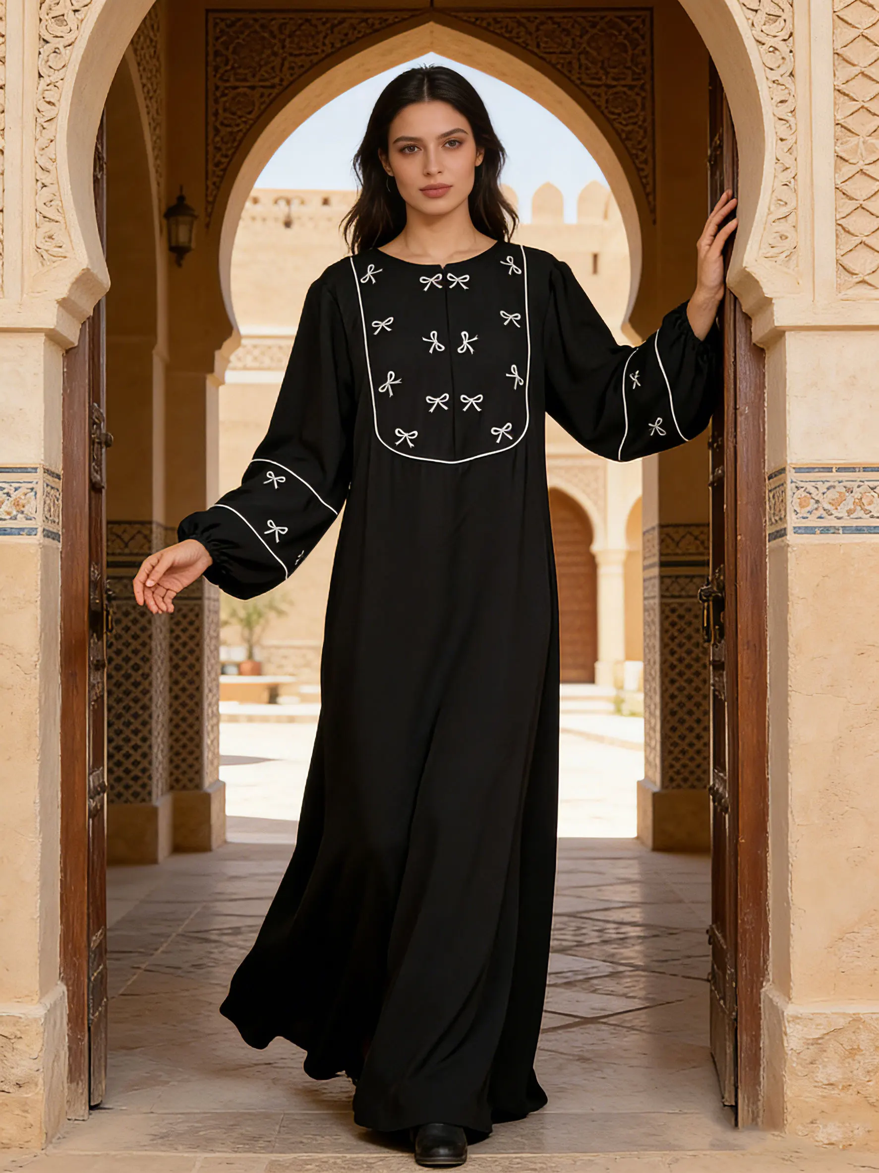 New Muslim Women Black Abaya with White Bow Embroidery Dubai Kaftan Elegant Ramadan Eid Prayer Dress Turkey Islamic Casual 2026