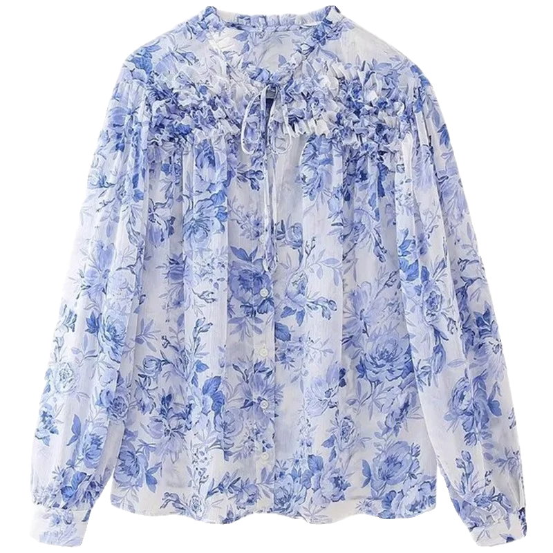 Spring 2024 Women's Faion Layered Floral Print Blouse French Sle Loose Fit Long Sve V-Ne Printed Design Casual irt
