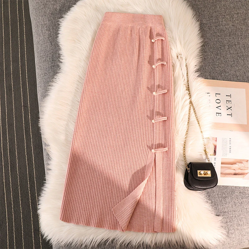 2026 Chinese Style Knitted Long Skirts Women All Match Solid Medium Length High-Waist Skirts Woman Elegant Side Split Skirts