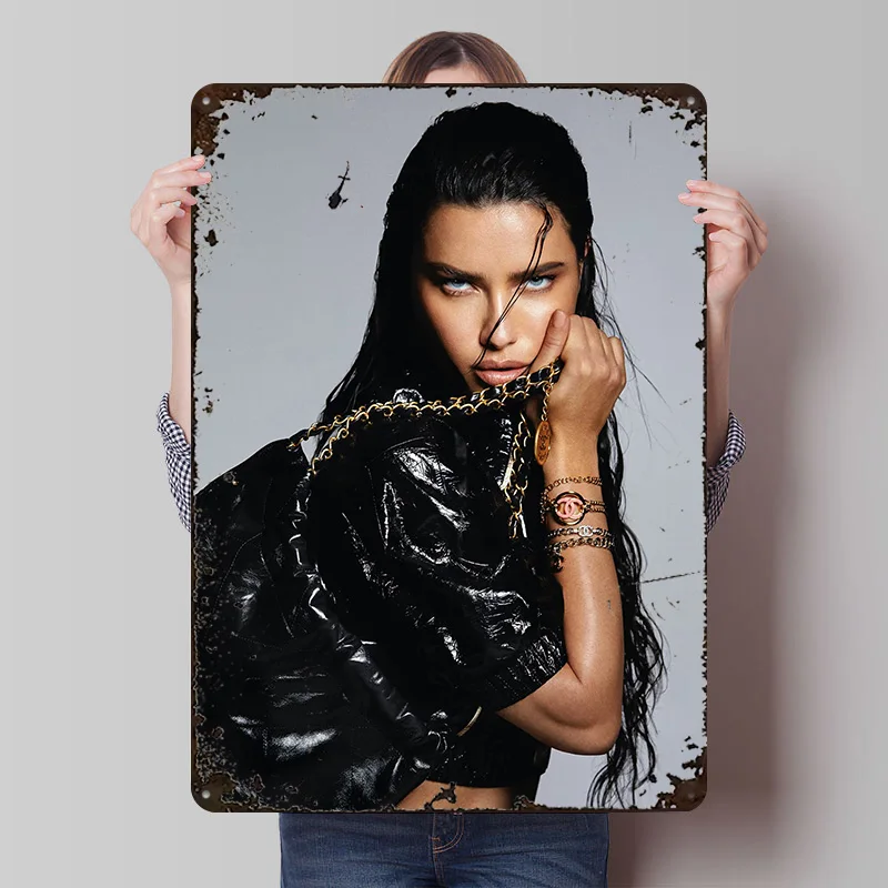 Adriana Lima in Black Leather Jacket Tinplate Poster Customized Wall Art Retro Vintage Metal Signs for Fans Home Decor Items