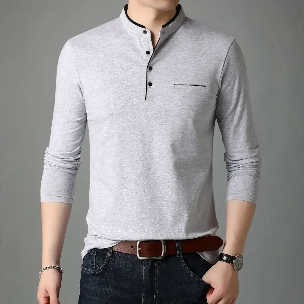 Simple Comfortable Atmosphere T-shirt Solid Cotton Small Standing Neck Top Men's Business Casual Long Sleeve W5655