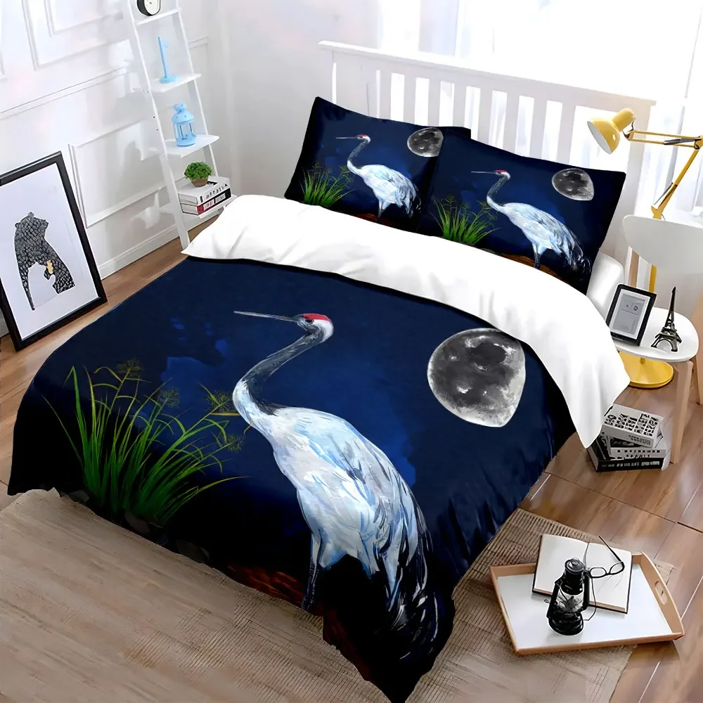 

"3Pcs Japanese Red-Crowned Crane Bedding Set, Watercolor Crane Under Moon Print Duvet Cover + 2 Pillowcases,Exquisite gifts