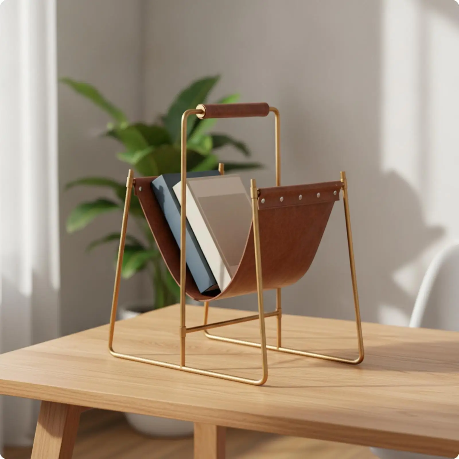 Faux Leather Magazine Rack Holder with Metal Frame for Desk Table Storage Organizer Brown Crackle