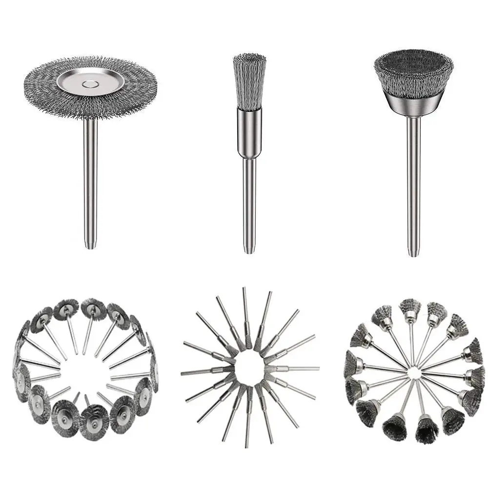 3mm Shank Steel Wire Brush Set Rotary Abrasive Wheel for Metal Rust Removal & Polishing Die Grinder Cleaning Tool Accessories