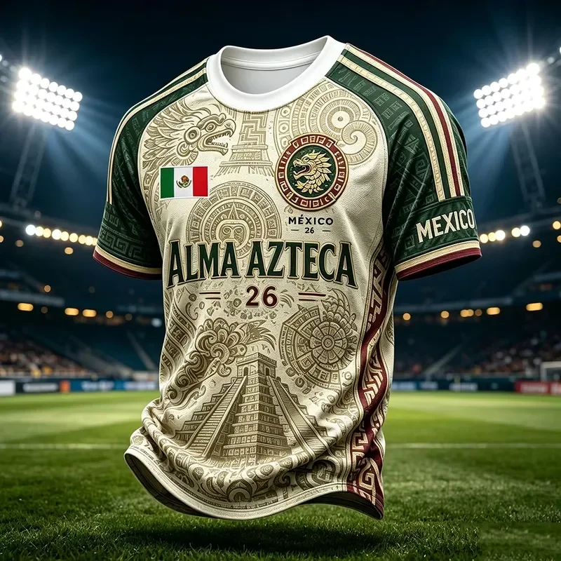 3D Digital Print Men Mexico Aztec Mayan Totem Soccer Jersey 2026 Quick Dry Fashion Flag Short Sleeve Fan Sports T Shirt