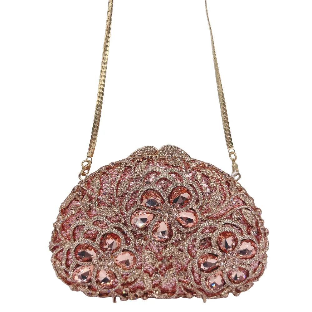 Oval Crystal Clutch Wine Red Base Pink Teardrop Stones Gold Floral Pattern For Weddings Banquets And Gala Night Event