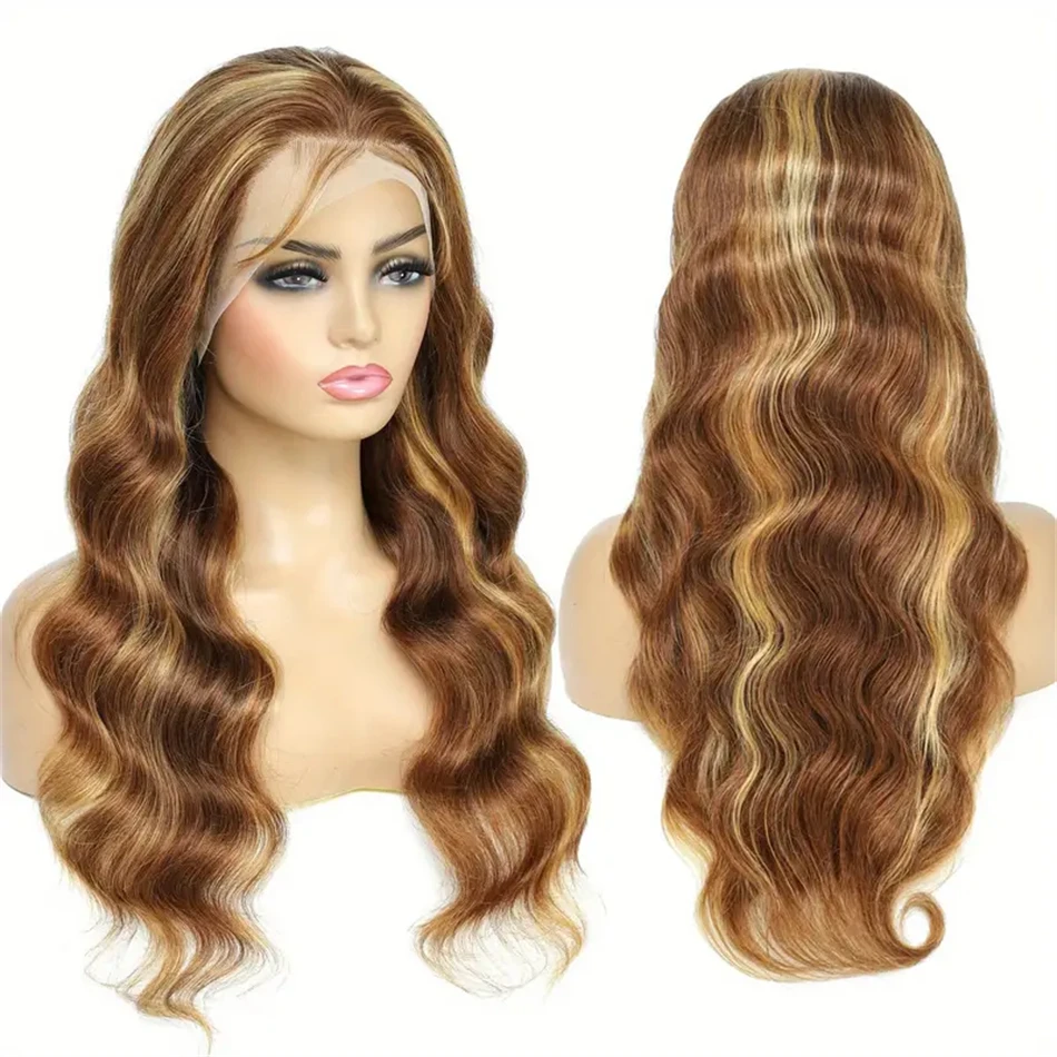 Resaltar peluca con malla frontal 13X4 cabello humano Ombre P4/27 pelucas frontales de encaje rubio miel de color para mujeres peluca de cabello Real 180% ondulado