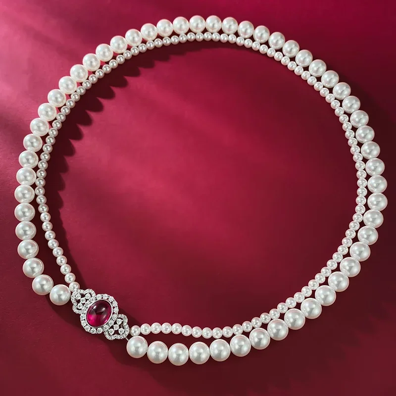 2023 New S925 Silver Red Jade Medal Fritillaria Pearl Necklace Collar Chain Luxurious and Advanced Style