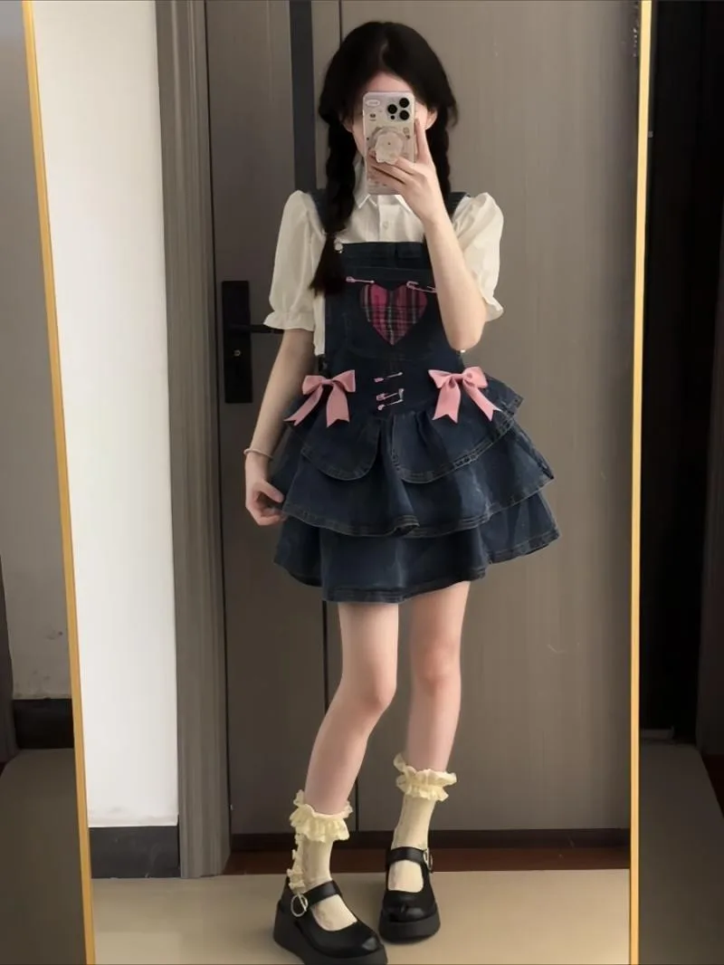 

Sweet Summer Kawaii Buttons Short Puff Sleeve Blouse Y2k Constrast Color Bow Appliques Tiered Dress Harajuku Punk 2 Piece Set