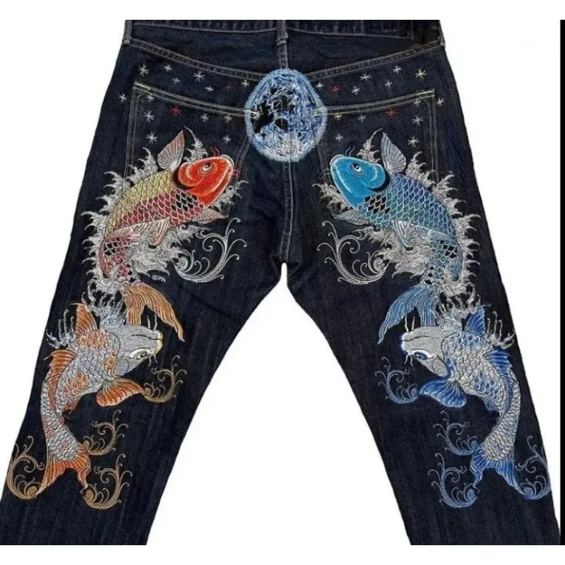 European and American style street jeans male Y2K printed hip hop high waist straight retro loose wide leg pants denim trousers