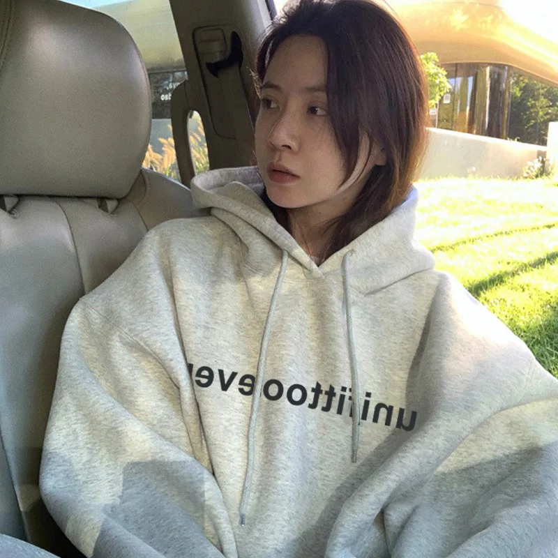 2023 Winter American Retro Women's Vintage Long Sleeve Letter Print Sweatshirts Hooded Female Fashion Loose Drawstring Top