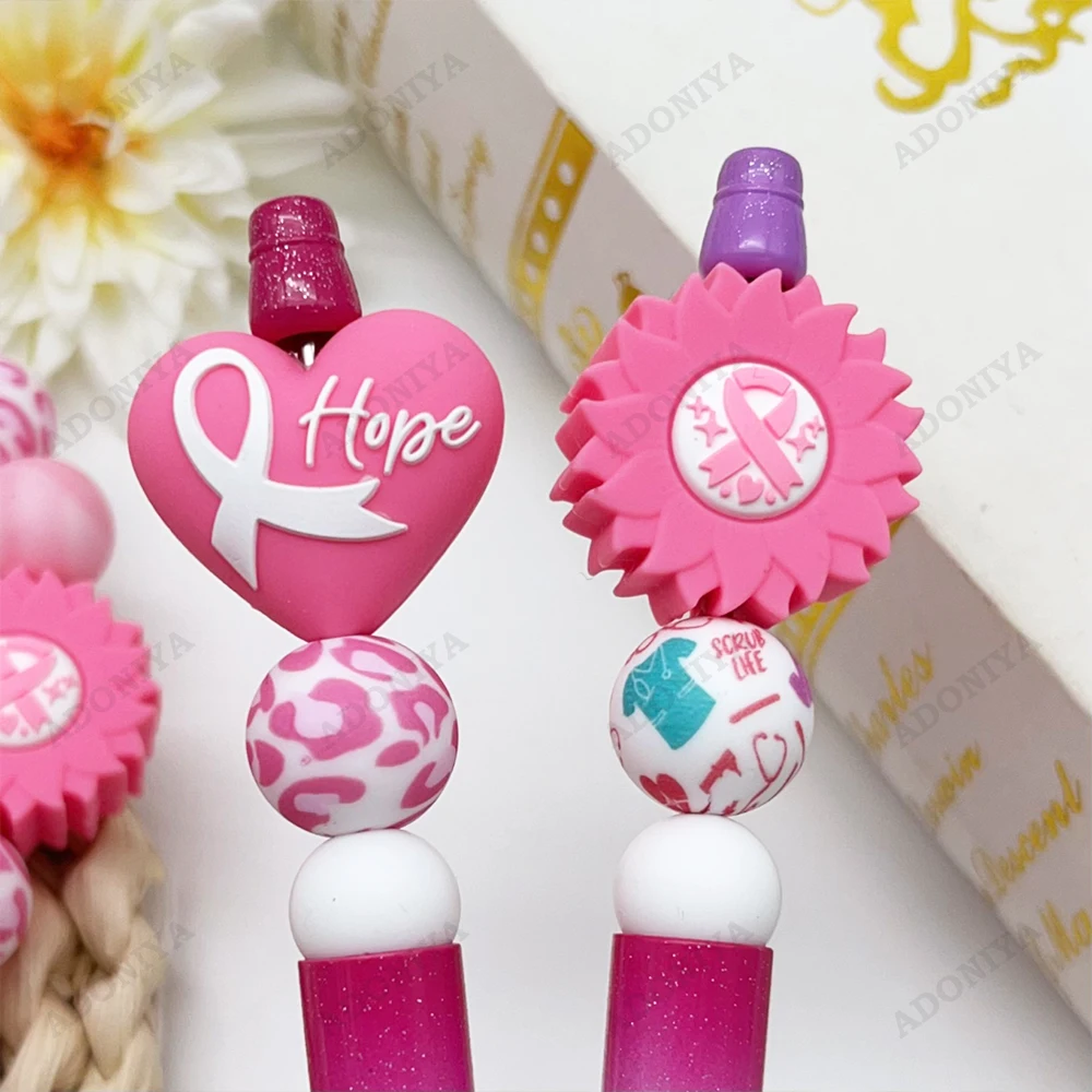 33/34Pcs Breast Cancer Awareness Themed Silicone Beads Set DIY Beaded Necklace Bracelet Decoration Pen Jewelry Pendant Etc. Holiday Birthday Gift
