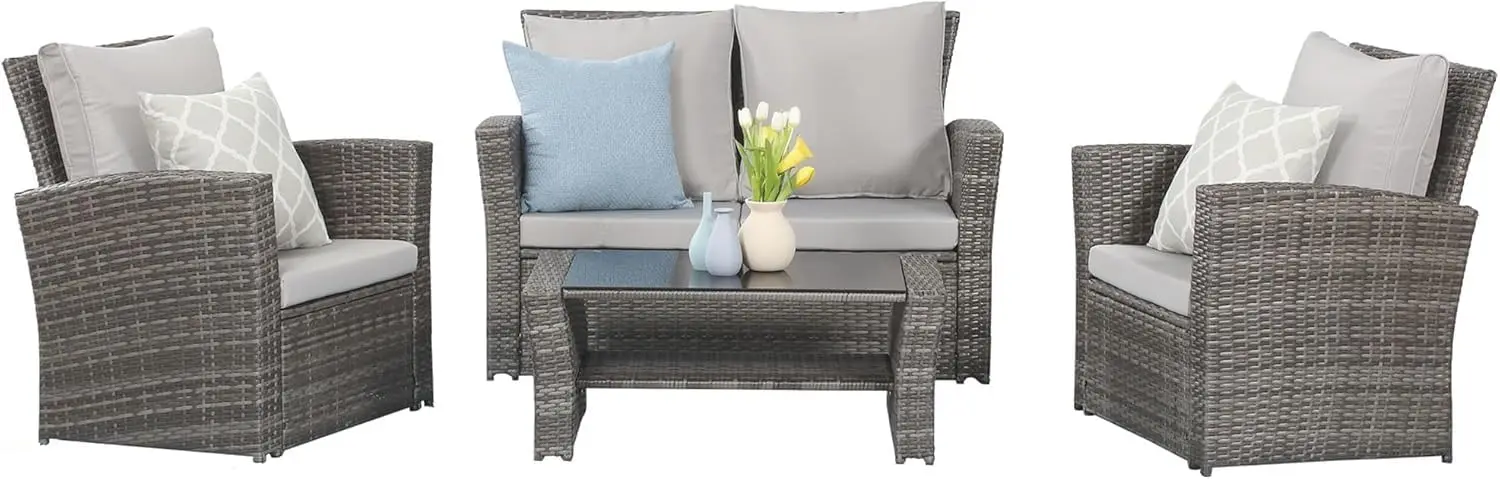 

4-Piece Grey Wicker Patio Furniture Set with Cushion and Glass Table, All-Weather Outdoor Sofa