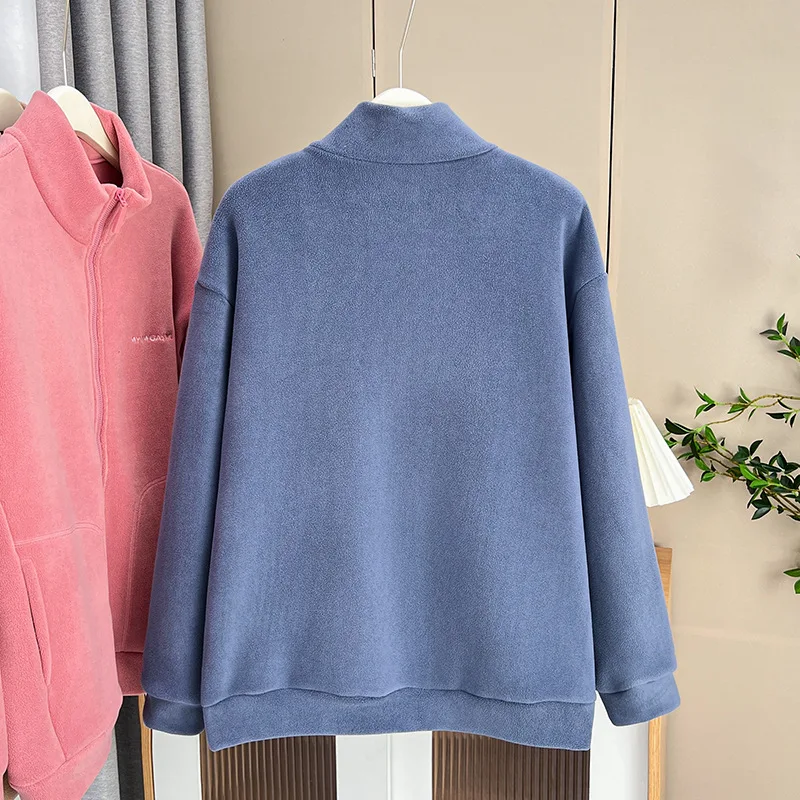 Womens Plus Size Fleece Hoodie Jacket Autumn Winter Casual Clothing Fashion Stand Collar Thick Zipper Outwear Drop Sleeves Coats