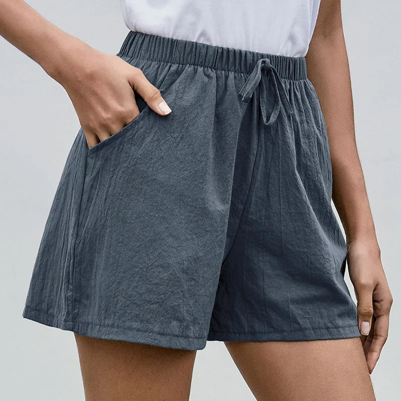 Casual Linen Shorts for Women Streetwear Cotton Short Pants Solid Color Elastic High Waist Ladies Shorts Pants Female Shorts New