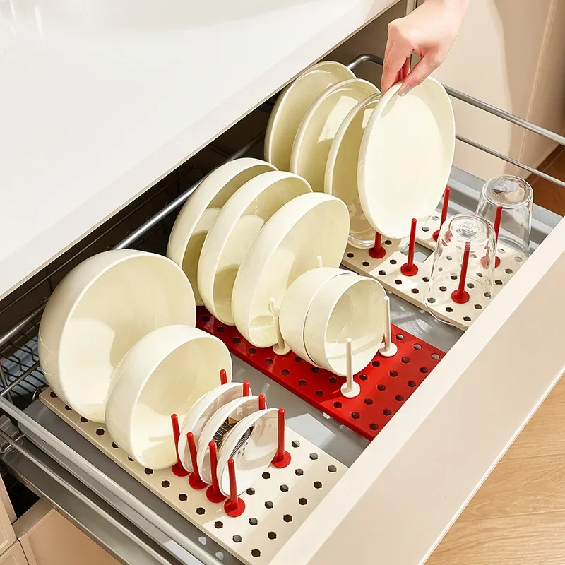 1pc Kitchen Drawer Extendable Dishes Storage Rack Adjustable Tableware Cup Draining Rack Bowl Plates Shelf Kitchen Organizer
