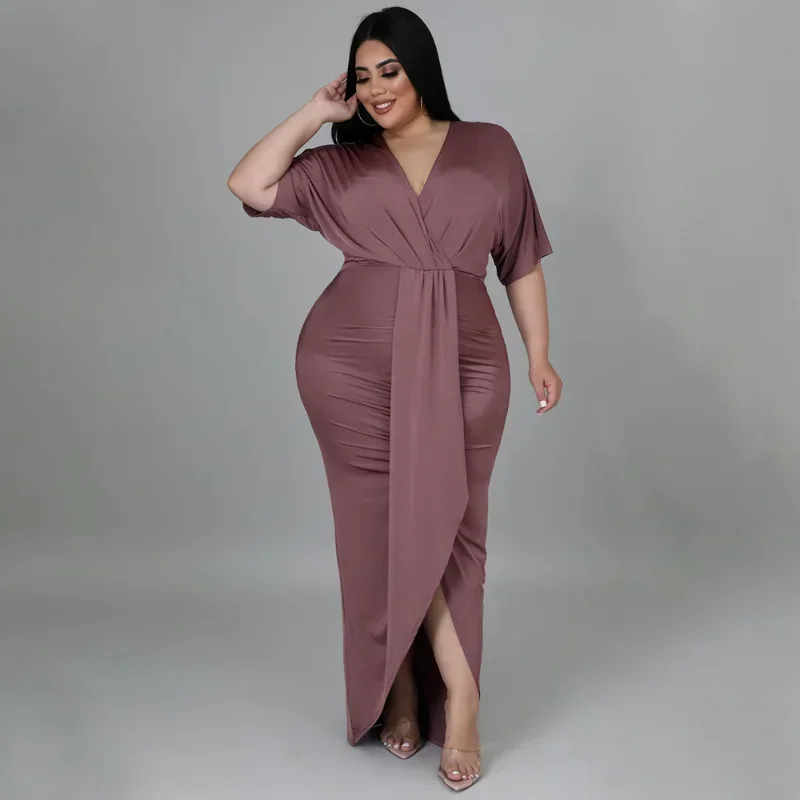 

KEXU Plus Size Women Vintage Batwing Short Sleeve V-neck Ruched High Waist Maxi Long Bodycon Dress Female Fashion Chic Dresses