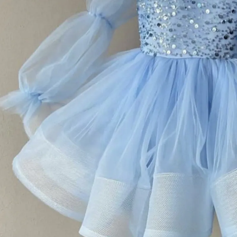 Fashion Baby Girl Princess Sequins Tutu Dress Long Puff Sleeve Child Mesh Vestido Wedding Party Birthday Xmas Baby Clothes 1-12Y