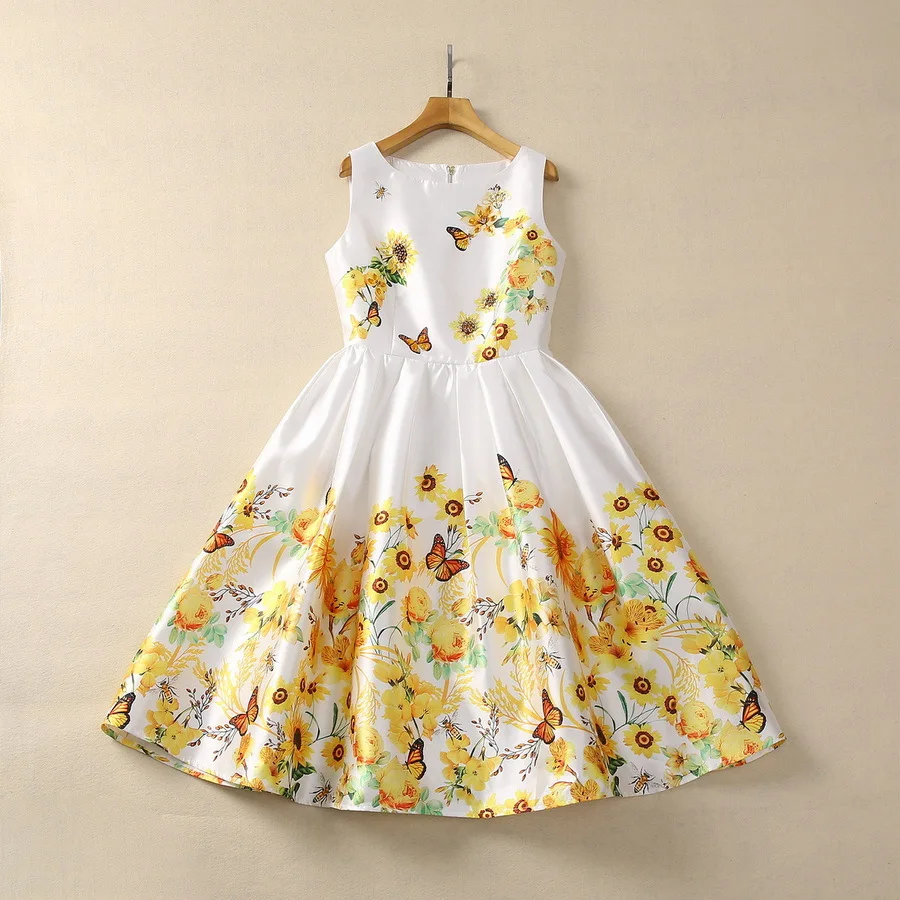 Europe and the United States women's 2024 winter new Round neck Sleeveless butterfly yellow flower print Fashion pleated dress