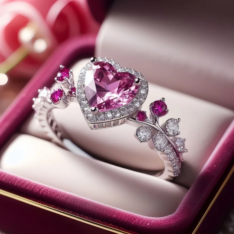 Romantischer, funkelnder, herzförmiger, rosafarbener, synthetischer Zirkonia, silberfarbener Damen-Ehering, modischer, eleganter Schmuck für Bankette und Jubiläen