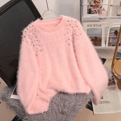 Lazy Fluffy Jacket Luxury Diamond Autumn Winter Soft Sweater Knitted Pullover Women Clothing Trend Design Coats Pink White Tops