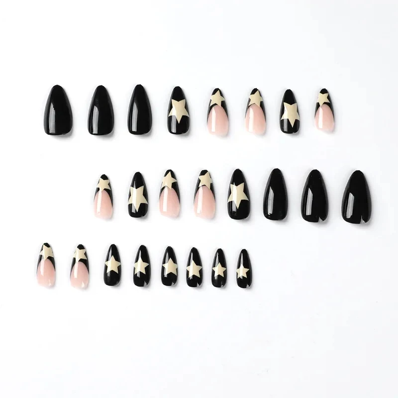 24 uñas postizas largas francesas con borde negro y estrellas, incluye 1 gel jelly y 1 lima 2