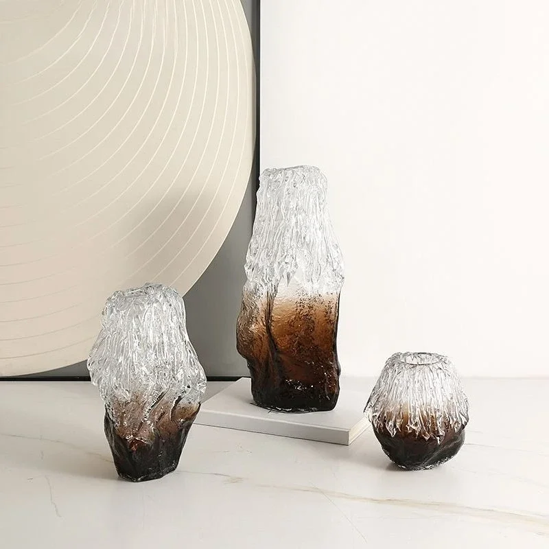 Italian light luxury high-end color matching ice pattern glass vase villa living room dining table flower arrangement creative
